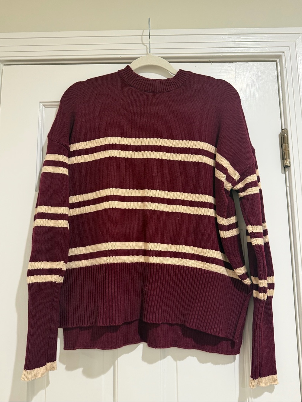 Olivaceous Burgundy and Cream Striped Crewneck Sweater